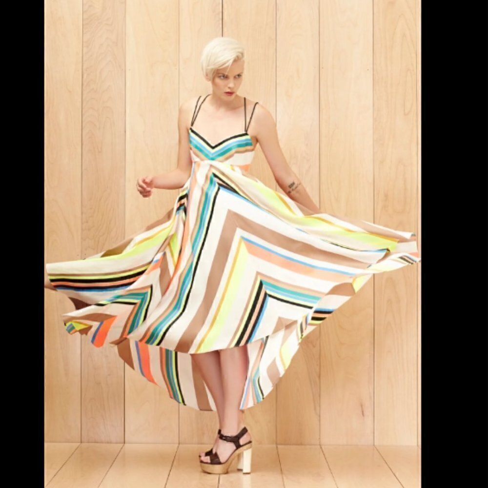 Milly Blended Linen Silk Mitered Trapeze Neon Striped Maxi Dress